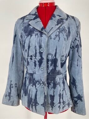 Lili Rose Blue Tie Dye Suede Leather Blazer Jacket W/ Topstitching /Fully Lined